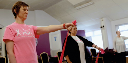 This image: photograph of a group of women at a community gym class.
							The map: the map shows the Thrive site boundary, with existing public 
							rights of way, and key local facilities in the area. There is an 
							interactive marker which brings up a diagram setting out our Steps to 
							Realising Social Value from Thrive. 